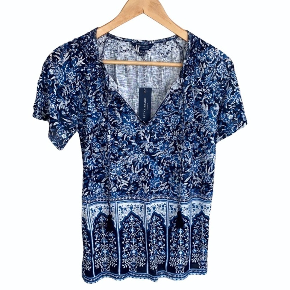 Lucky Brand shirt NWT xs tassel boho blue‎ floral